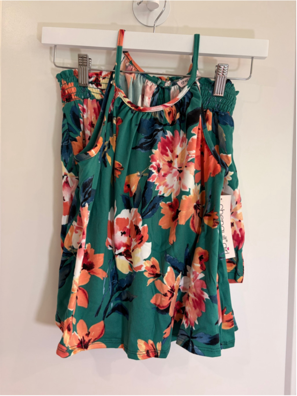 Kids' Chenault Girl Floral Cold Shoulder Top Shorts Set Green Pink Size 12 NWOT